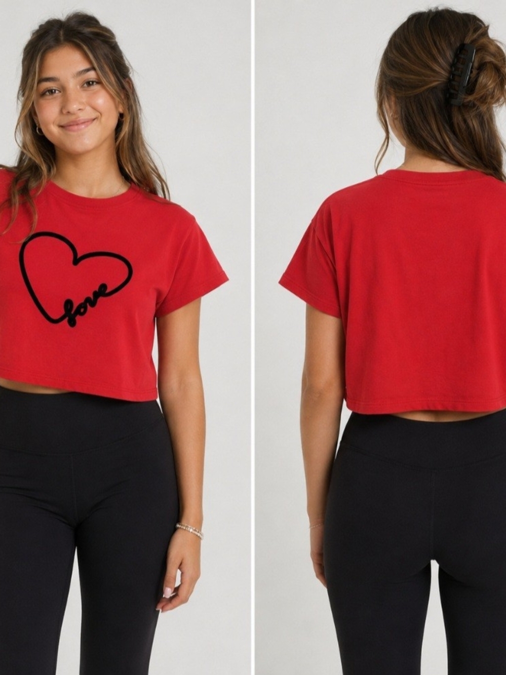 Marled Red Cropped Tee with Black Heart 'Love' Graphic